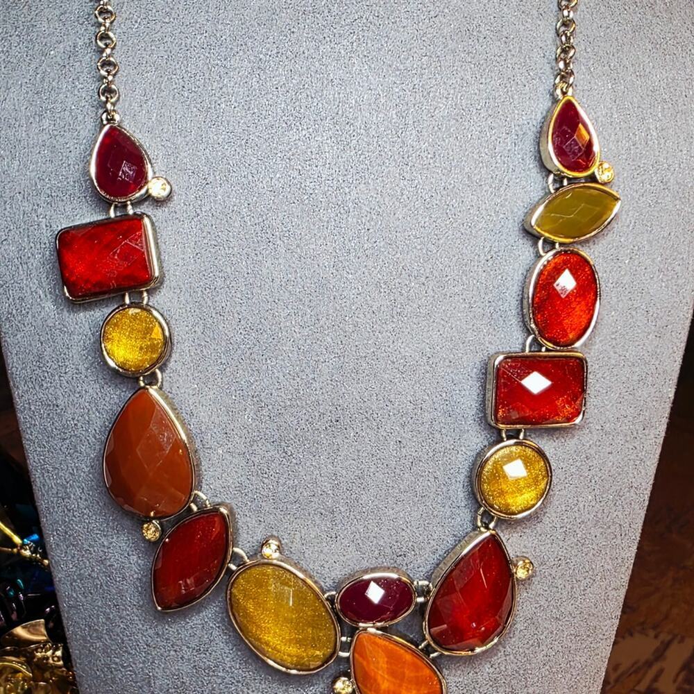 Multicolor Aventurine Glass Statement Necklace Vintage Silver Tone 474 - Picture 2 of 8